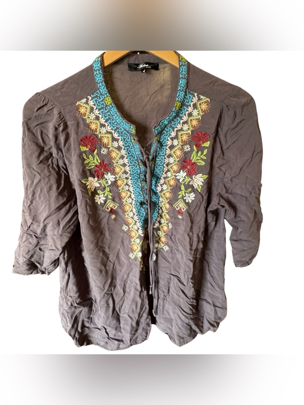 ANDREE BY UNIT Charcoal Embroidered Boho Top with Teal & Red Accents